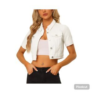 Allegra K Size Lg White Casual Lapel Short Sleeve Cropped Jean Denim Jacket NWT